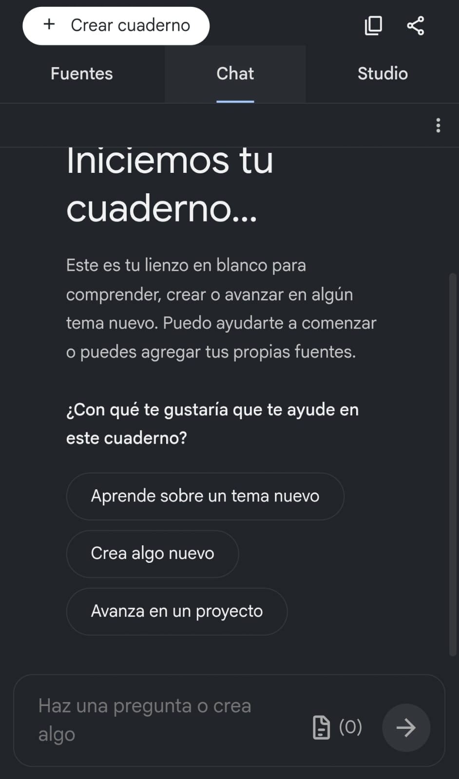 Pantalla de chat de un cuaderno nuevo en NotebookLM